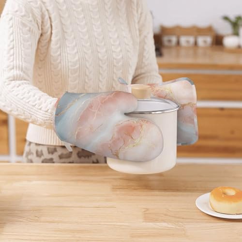 Oven Mitts Pot Holders Set Marble Light Pink Abstract Silicone Kitchen Gloves Potholders Heat Resistant for Chef Baking Cooking Grilling BBQ 4 Pack Mitt (C092)