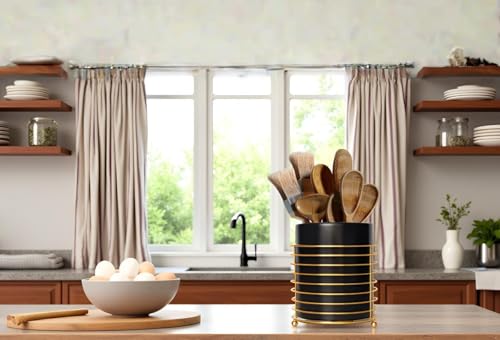 Large Utensil Holder for Kitchen Counter Cooking Utensil Holder Gold Ring Metal Frame and White Ceramics