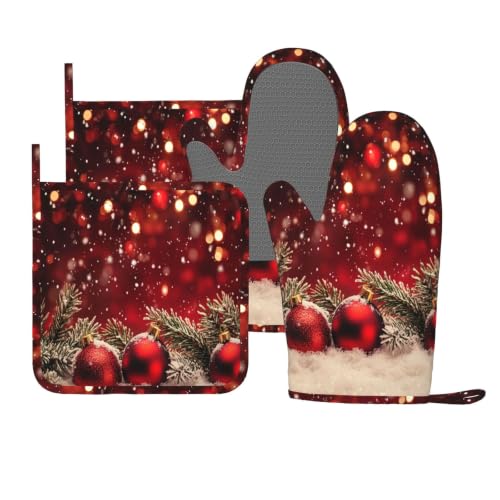 Oven Mitts and Pot Holders Set Red Christmas Ball Glitter Silicone Kitchen Accessories 4 Piece Heat Resistant Long Gloves Potholder Non (C11)