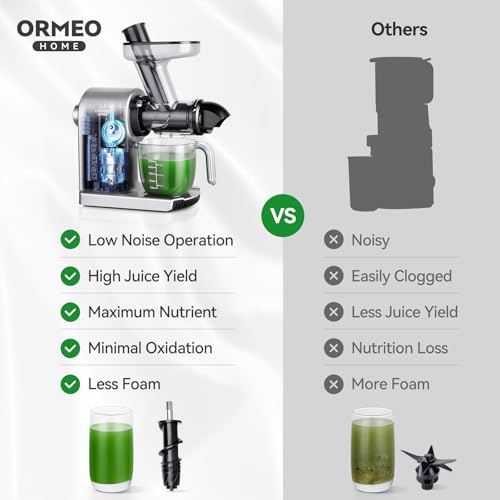 Cold Press Juicer ORMEO HOME Masticating Juicer Machines withLarge Feed Chute Fit Whole Vegetables & Fruits with Pulp Seperation 99.6% Juice Purity Quiet Motor