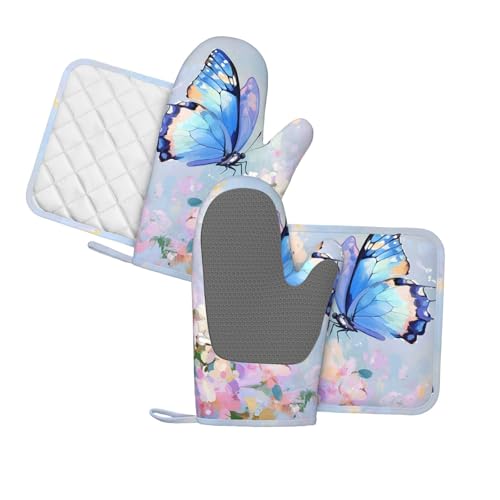 Oven Mitts Pot Holders Set Butterfly Flower Oil Painting Silicone Kitchen Gloves Potholders Heat Resistant for Chef Baking Cooking Grilling BBQ 4 Pack Mitt (C011)