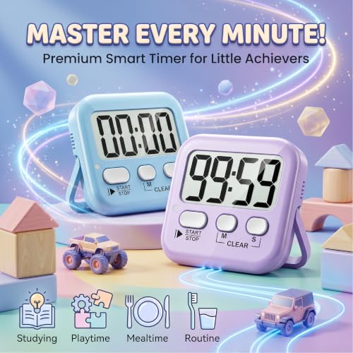 2 Pack Digital Timer for Kids Classroom Kitchen Timers for Cooking (2 * Sky Blue + Lavender Purple)