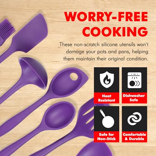 Premium Silicone Kitchen Tool and Utensil Set (7 Piece Set / Purple)