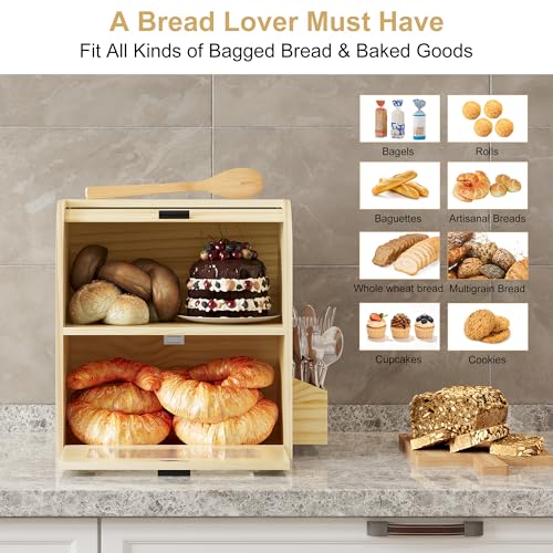 Roll Top Bread Box for Kitchen Countertop (Wood Color)