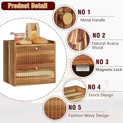 Rustic Bread Box for Kitchen Countertop Bamboo Bread Storage Container Bin Double Layer BreadBox Farmhouse Large Capacity Food Organizer