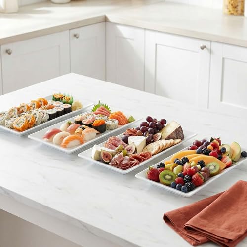 12" Serving Platters Rectangular Serving Plates Set of 4 Large Ceramic Serving Plates Porcelain Serving Tray Turkey Platter White Serving Plate for Steak Appetizer Dessert Oven Dishwasher Safe