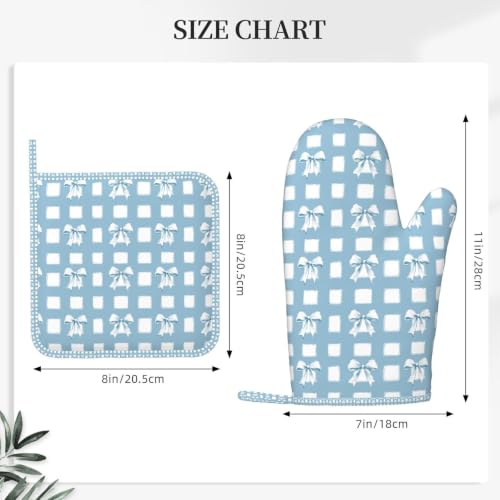 Oven Mitts and Pot Holders Set Blue Check Bows Silicone Kitchen Accessories 4 Piece Heat Resistant Long Gloves Potholder Non (C07)