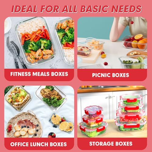 30 Pieces Glass Food Storage Containers Set with Lids (Red / 30 Pieces)