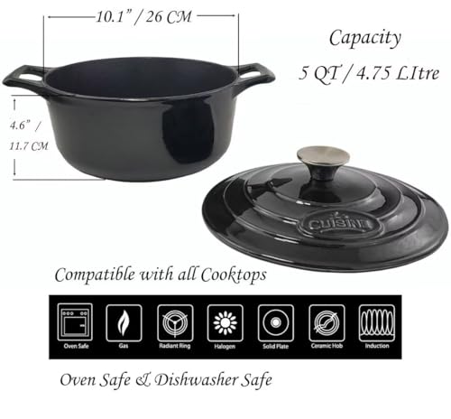 La Cuisine Enameled Cast Iron Dutch Oven Casserole Pot with Lid (5.0 QT Round / Glossy Black)