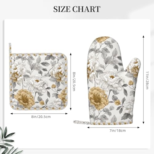 Oven Mitts Pot Holders Set Rustic Flower Peony Floral Silicone Kitchen Gloves Potholders Heat Resistant for Chef Baking Cooking Grilling BBQ 4 Pack Mitt (B0118)