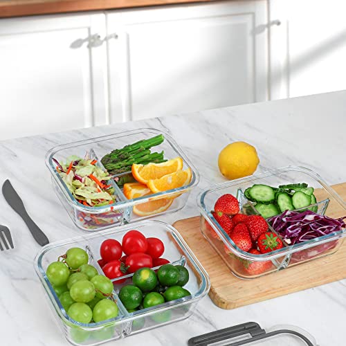 5-Packs, 36 Oz.] Glass Meal Prep Containers (3 Compartments)