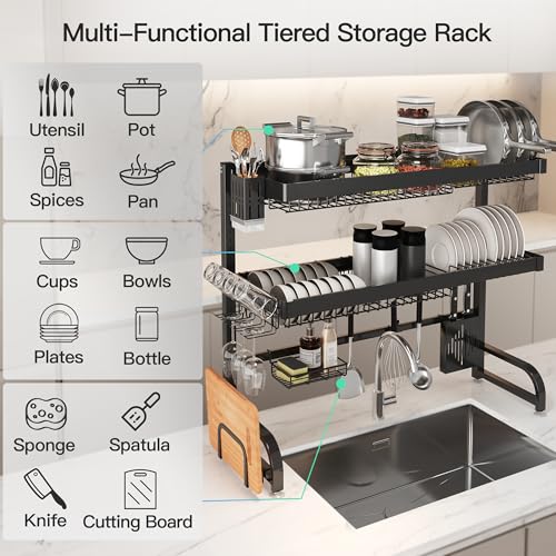 3 Tier Extra Large Stainless Steel Over The Sink Dish Drying Rack (Black / Over Sink 3 Tier)