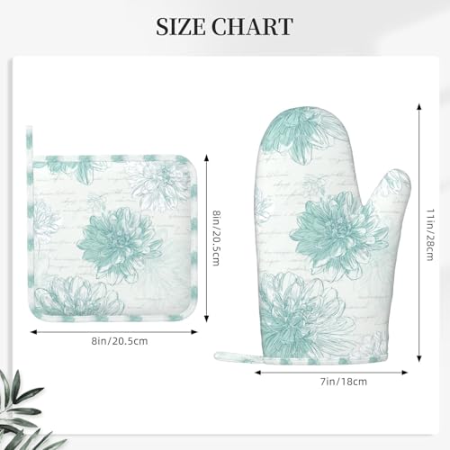 Oven Mitts and Pot Holders Dahlia Flower Pastel Vintage Silicone Kitchen Accessories Set of 4 Heat Resistant Long Gloves Potholder Non (A096)