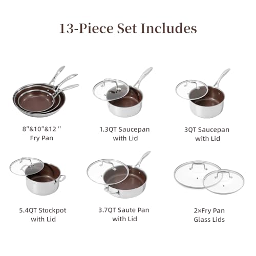 13 Piece Hybrid Ceramic Nonstick Stainless Steel Cookware Set (Burgundy)