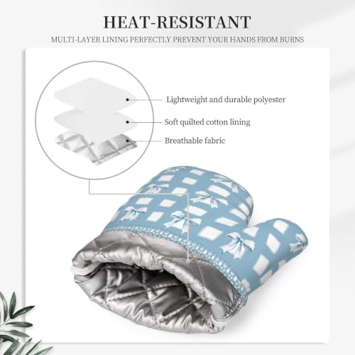 Oven Mitts and Pot Holders Set Blue Check Bows Silicone Kitchen Accessories 4 Piece Heat Resistant Long Gloves Potholder Non (C07)