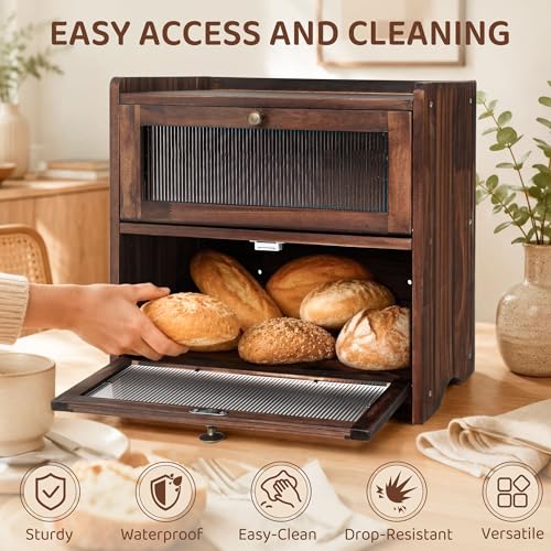 Wooden Bread Box with Acrylic Window for Kitchen Countertop (2 Layer)