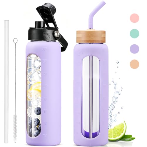 Glass Water Bottle with Straw and 2 Lids