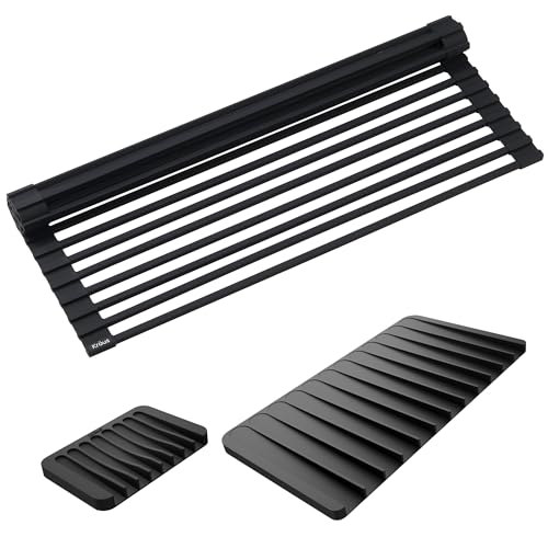 Roll Up Dish Drying Rack with Self (Black / 21 Inch - Regular Sink / Drying Rack, Mat & Soap Holder)