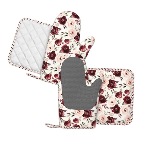 Oven Mitts Pot Holders Set Rose Flower Watercolor Floral Silicone Kitchen Gloves Potholders Heat Resistant for Chef Baking Cooking Grilling BBQ 4 Pack Mitt (C013)