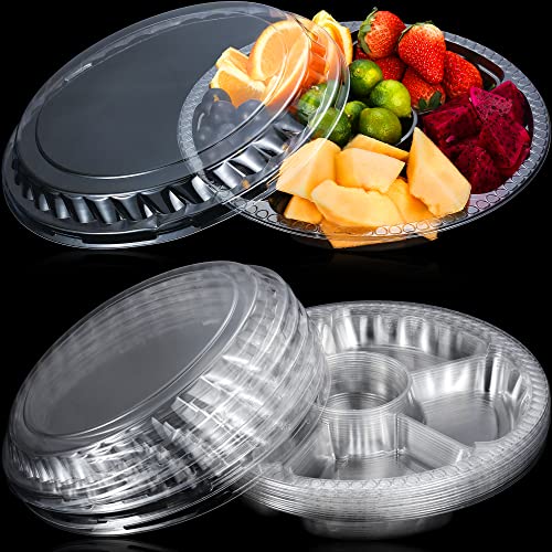 12 Pack Round Plastic Veggie Tray with Lid Fruit Tray 6 Divided Compartment Container Food Serving Dip Platter Reusable Catering Trays for Veggie Fruit Snack Party and Buffet Trays