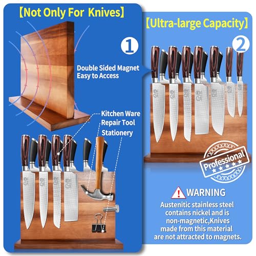 Extra Large Magnetic Knife Block Acacia Wood Knife Set Holder Stand With Stronge Magnetic Strip Kitchen Knives Storage Rack Organizer Tools No Drilling (dark wood color / 11*8 inch without board)