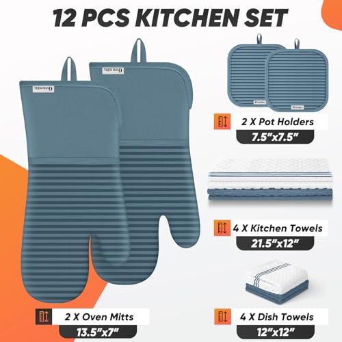 Oven Mitts Kitchen Towels and Dishcloths with Pot Holders Sets (Dusty Blue)