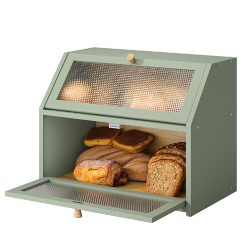 Bread Box for Kitchen Countertop Bin Double Layer Bread Box Storage Container Extra Large Capacity Farmhouse with Diamond Pattern Windows (Green / Large)