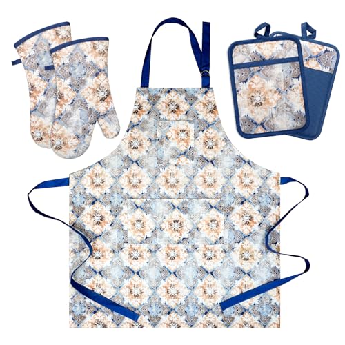 Oven Mitts and Pot Holders with Cooking Apron Set of 5 (Blue Retro)