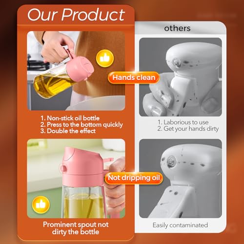 2Pcs 16oz 470ml Glass Olive Oil Sprayer for Cooking with Stickers (2Pcs Black & Pink)