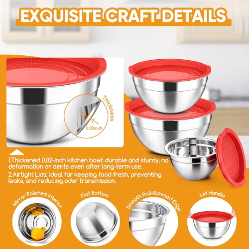 Stainless Steel Mixing Bowls with Lids Set of 3 (Red / 4.6, 3, 1.5QT)
