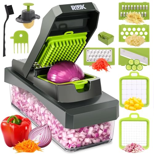 10-in-1 Vegetable Chopper – 6 Blade Veggie Chopper with Container, Food Dicer, Onion Cutter, Cheese Grater, Mandoline Slicer, Kitchen Gadgets & Home Essentials (Gray) (Gray)