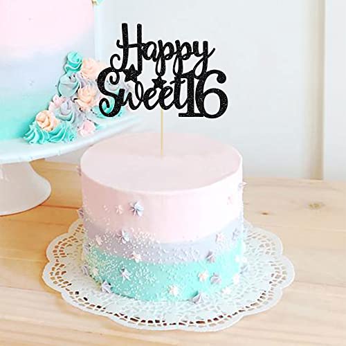24Pcs Happy 16th Birthday Cupcake Toppers Glitter Hello 16 Sweet 16 Cupcake Picks 2006 Sixteen Old Birthday Cake Decorations for 16th Birthday Anniversary Party Supplies Black