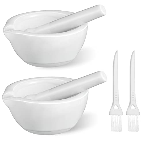 2 Sets Mini Porcelain Mortar and Pestle Set Porcelain Herb Grinder Crusher Grinding Bowl Kitchen Mixing Grinding Bowl with 2 Pieces Brushes for Seasonings