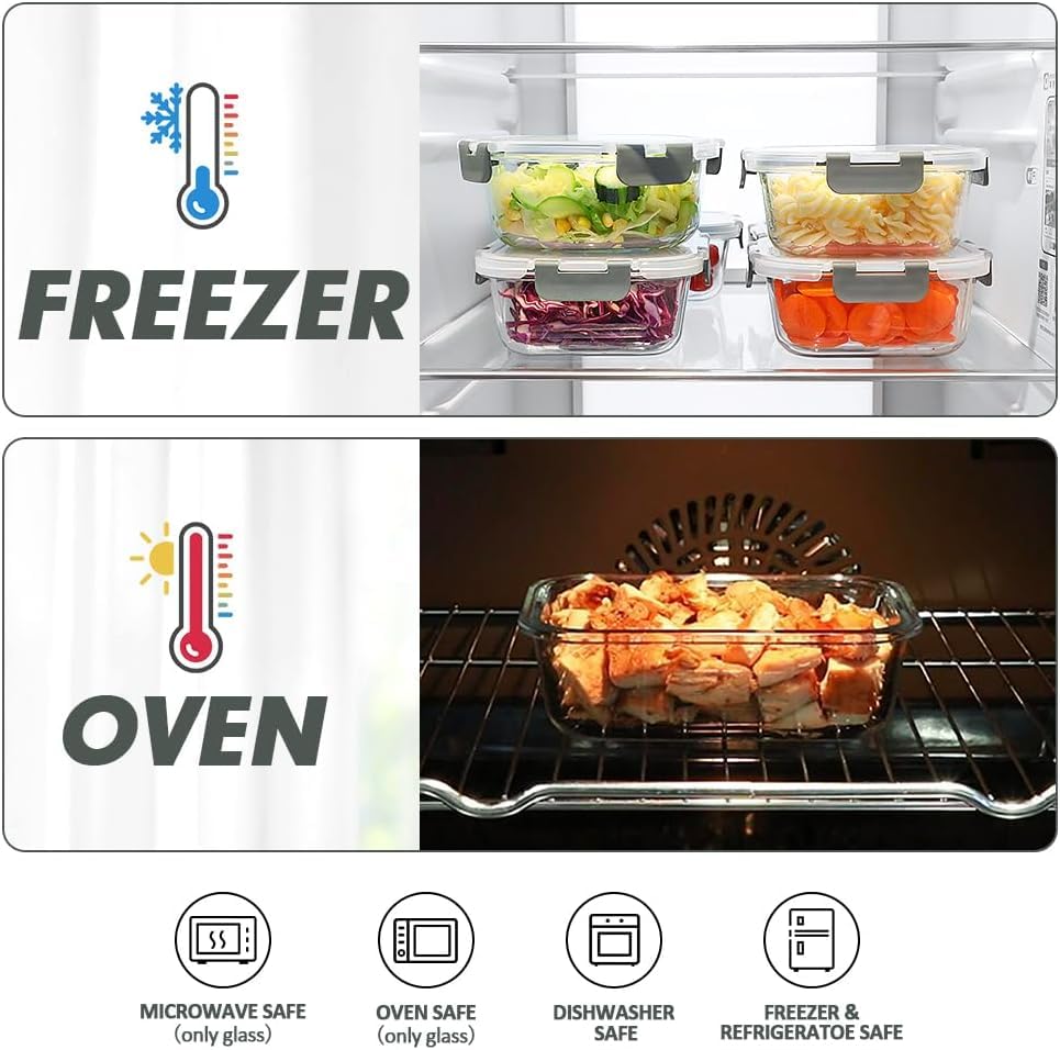 12 Packs Glass Food Storage Containers Set with Lids (Grey / 24 Pieces)