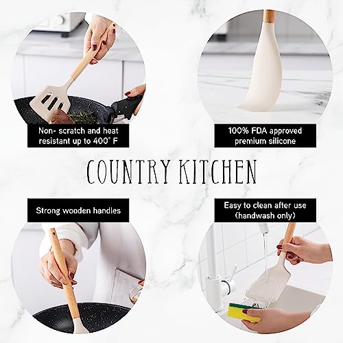 Non Stick Silicone Utensil Set with Rounded Wood Handles for Cooking and Baking (14 Piece Set / Khaki)