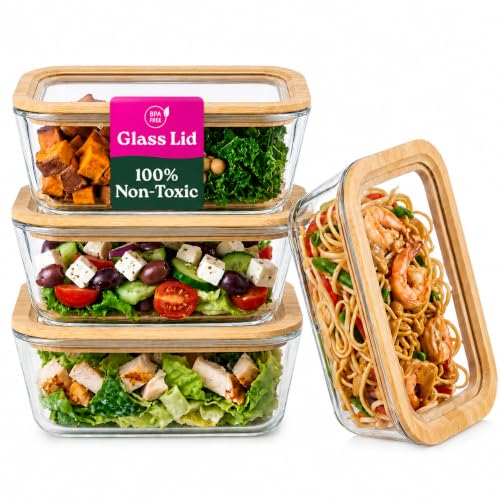 4 Pack Glass Food Storage Containers with Glass Lids & Bamboo Rim (27.05 Fl Oz)