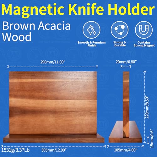 Extra Large Magnetic Knife Block Acacia Wood Knife Set Holder Stand With Stronge Magnetic Strip Kitchen Knives Storage Rack Organizer Tools No Drilling (dark wood color / 11*8 inch without board)