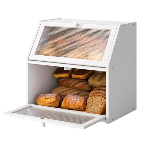 Bread Box for Kitchen Countertop Bin Double Layer Bread Box Storage Container Extra Large Capacity with Diamond Pattern Windows (White / Extra Large)
