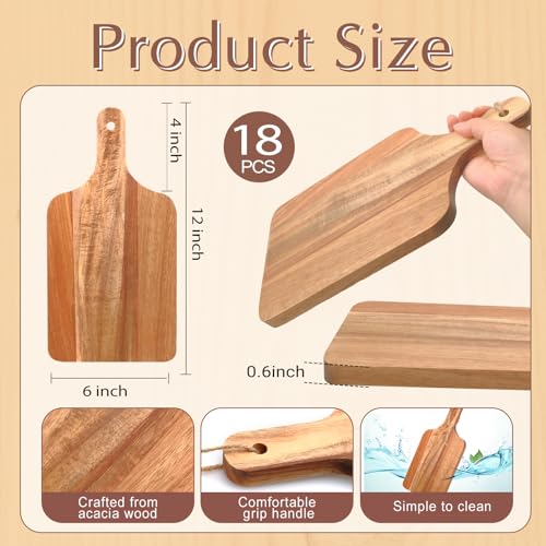 18 Pcs Acacia Wood Cutting Board Bulk Wood Cutting Board with Handle Kitchen Tray Charcuterie Boards for Pizza (12 x 6 Inch)