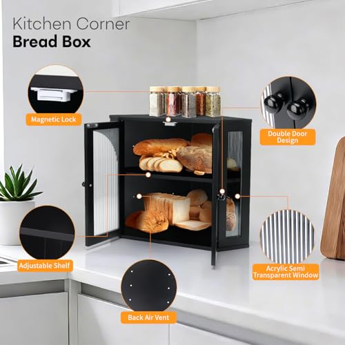 Corner Bread Box for Kitchen Countertop (Black)