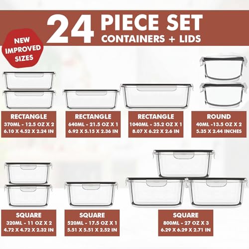 24 Pc Airtight Glass Food Storage Containers (Black)