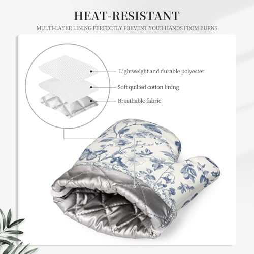 Oven Mitts and Pot Holders Butterfly Flower Vintage Blue Silicone Kitchen Accessories Set of 4 Heat Resistant Long Gloves Potholder Non (A066421)
