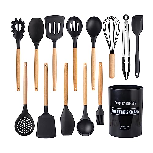Non Stick Silicone Utensil Set with Rounded Wood Handles for Cooking and Baking (14 Piece Set / Black)