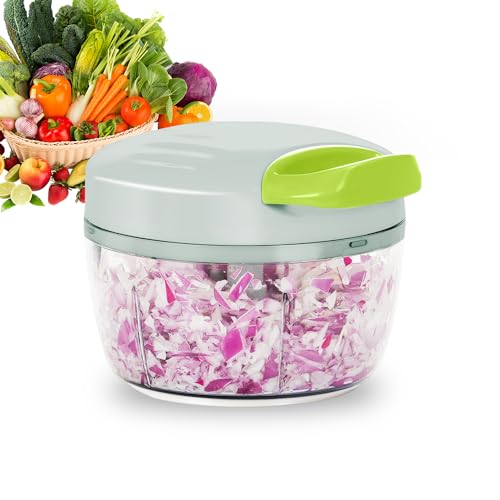 Manual Food Processor Vegetable Chopper 2.3 Cup Small Mini Hand Pull String Onion Chopper Garlic Mincer Cutter with 3 Stainless Steel Blades