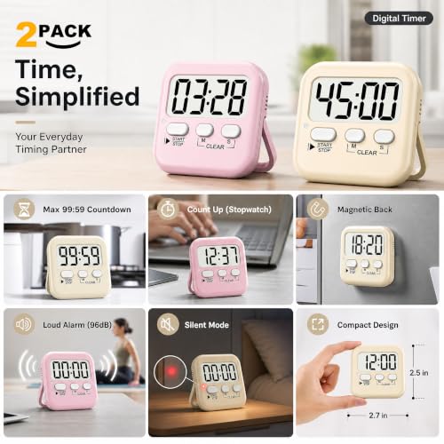 2 Pack Digital Timer for Kids Classroom Kitchen Timers for Cooking (2 * Lovely Pink + Light Peach)