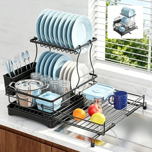 2 Tier Dish Drying Rack (Black / double-tier dish rack 16.7"w X14.8"H 12.8"-20.8"I)