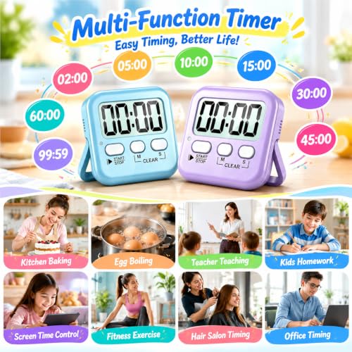 2 Pack Digital Timer for Kids Classroom Kitchen Timers for Cooking (2 * Sky Blue + Lavender Purple)