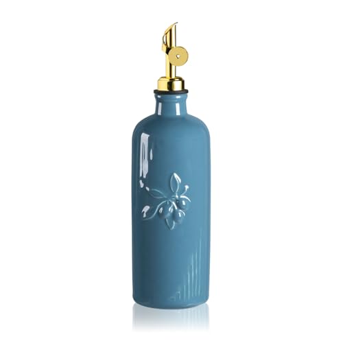 Sweejar Ceramic Olive Oil Dispenser Bottle for Kitchen Counter (Fog Blue / 20 oz (Gold Spout))