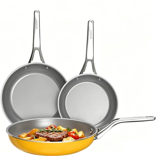 3 Piece Yelllow Ceramic Nonstick Frying Pan Set (Yellow)