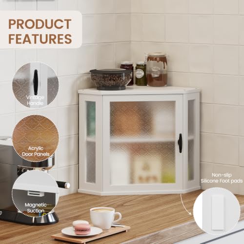 Corner Bread Box for Kitchen Countertop Double Layer Bamboo Wood Large Capacity Bread Storage Container Retro Vintage Farmhouse (White / Medium)